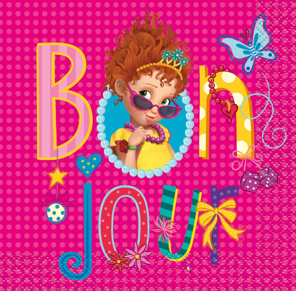 Pink rectangular beverage napkin with "Bonjour" in colorful letters and Fancy Nancy character wearing sunglasses and a tiara