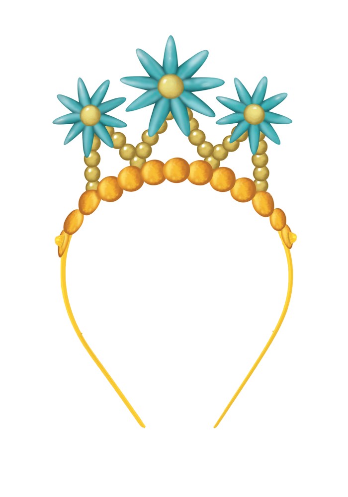 Yellow plastic headband with three turquoise star-shaped flowers and round yellow beads forming a tiara design.