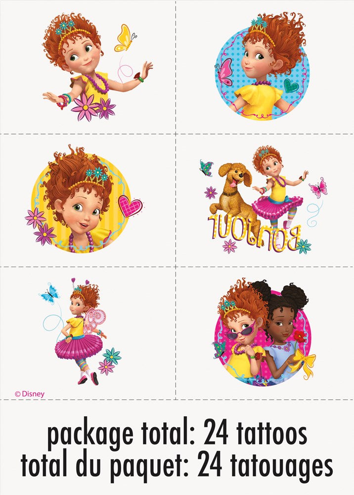 Set of 24 colorful Fancy Nancy temporary tattoos featuring a redheaded girl with flowers, butterflies, and playful phrases.