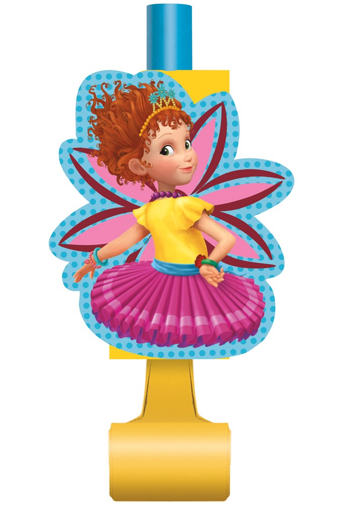 Yellow party blowout with attached cutout of red-haired girl in yellow shirt and pink skirt with butterfly wings design.