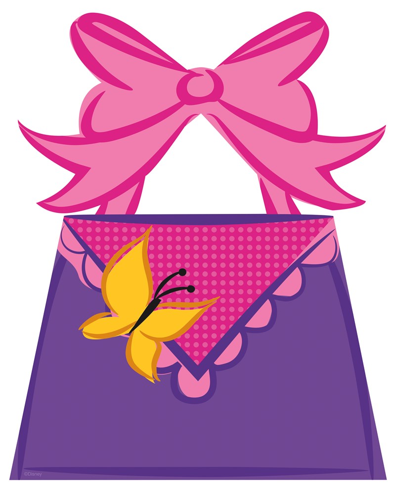 Purple loot bag with pink scalloped flap and large pink bow, decorated with yellow butterfly.