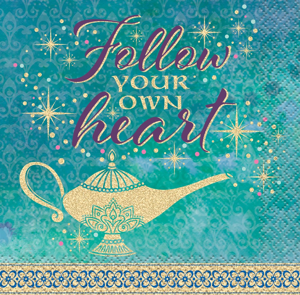 Turquoise beverage napkin with gold magical lamp, gold and purple "Follow Your Own Heart" text, and decorative border.