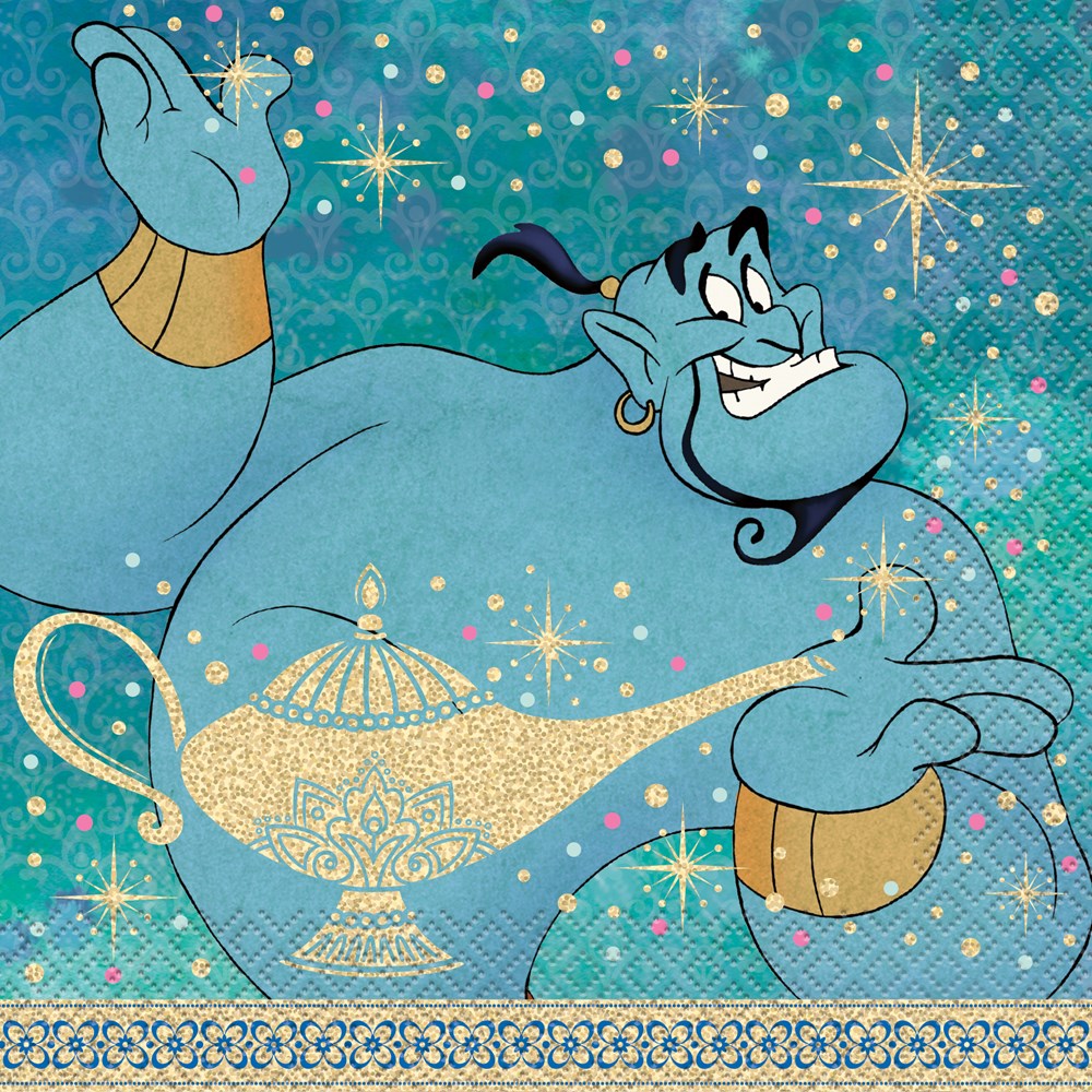 Blue cartoon Genie with black hair and goatee, smiling above an ornate gold magic lamp on teal background with stars and.