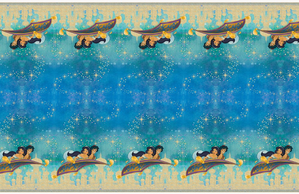 Rectangular blue tablecover with repeated Aladdin and Jasmine flying on a magic carpet, surrounded by gold stars and.