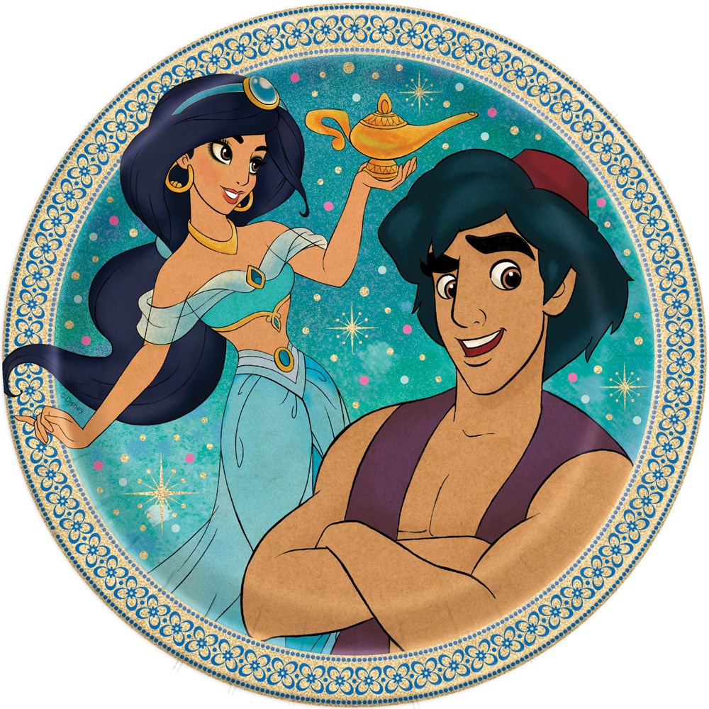 Round 7-inch paper plate with Aladdin and Jasmine on a sparkling blue background and decorative gold border.