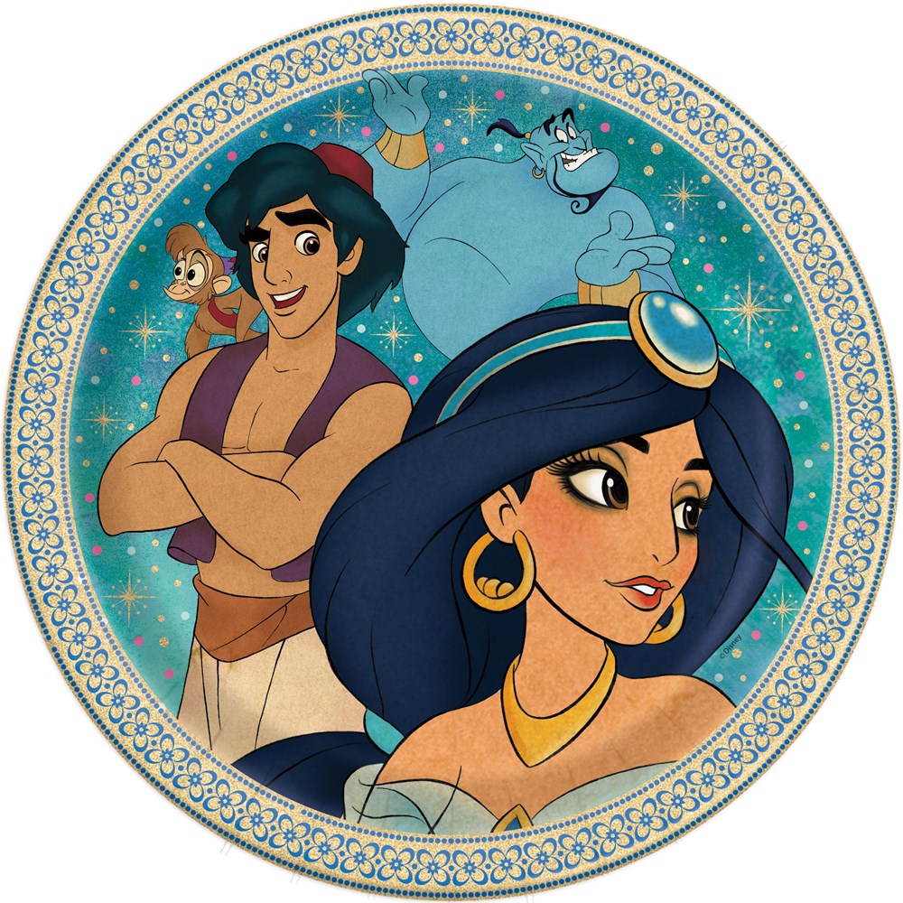 Round 9-inch paper plate with Aladdin and Jasmine on a starry blue background, decorative gold border.