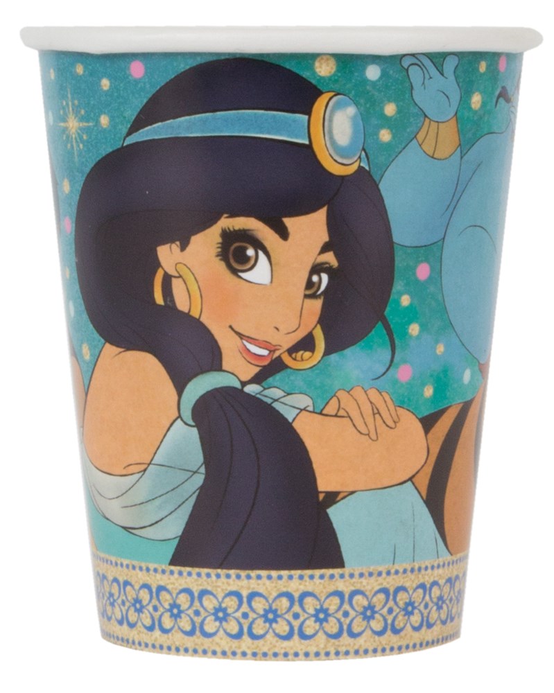 Blue and teal disposable cup featuring Princess Jasmine from Aladdin with gold accents and sparkle details.