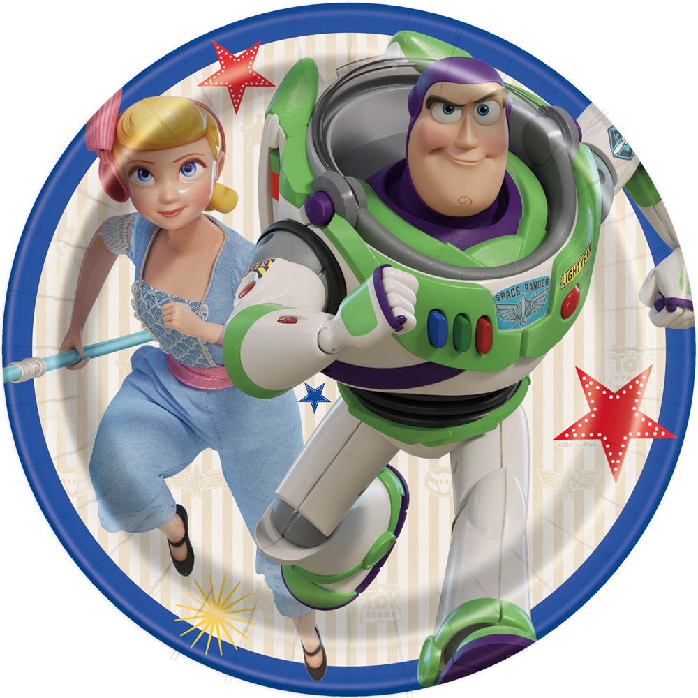 Round 7-inch paper plate with Toy Story 4 characters Buzz Lightyear and Bo Peep on a white background with blue border and.