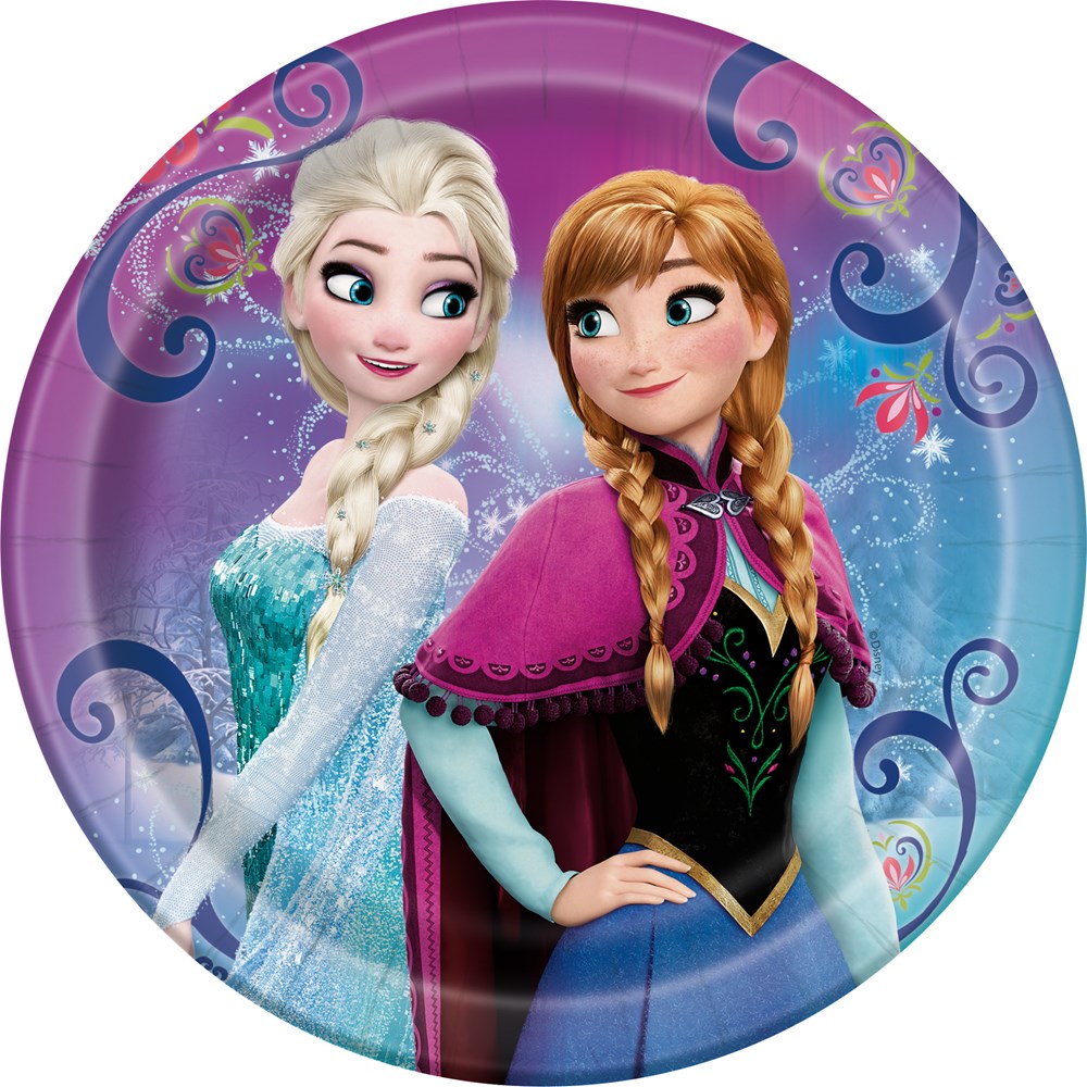 Round 7-inch paper plate with Elsa and Anna from Frozen on a purple and blue swirl background.