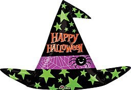 Black witch hat foil balloon with green stars, purple band with spiderweb, and "Happy Halloween" text.