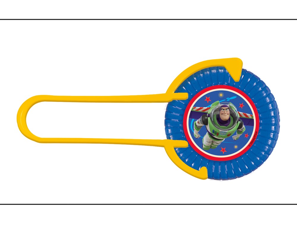 Yellow plastic party blower with blue circular end featuring Buzz Lightyear graphic from Toy Story 4.