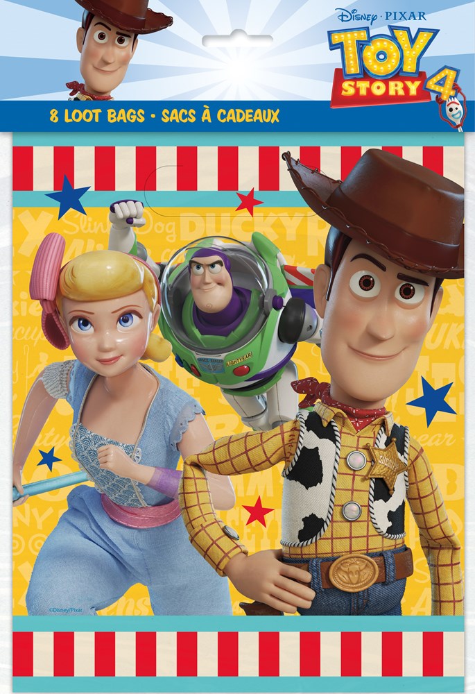 Colorful Toy Story 4 loot bag with Woody, Buzz Lightyear, and Bo Peep characters on yellow starry background.