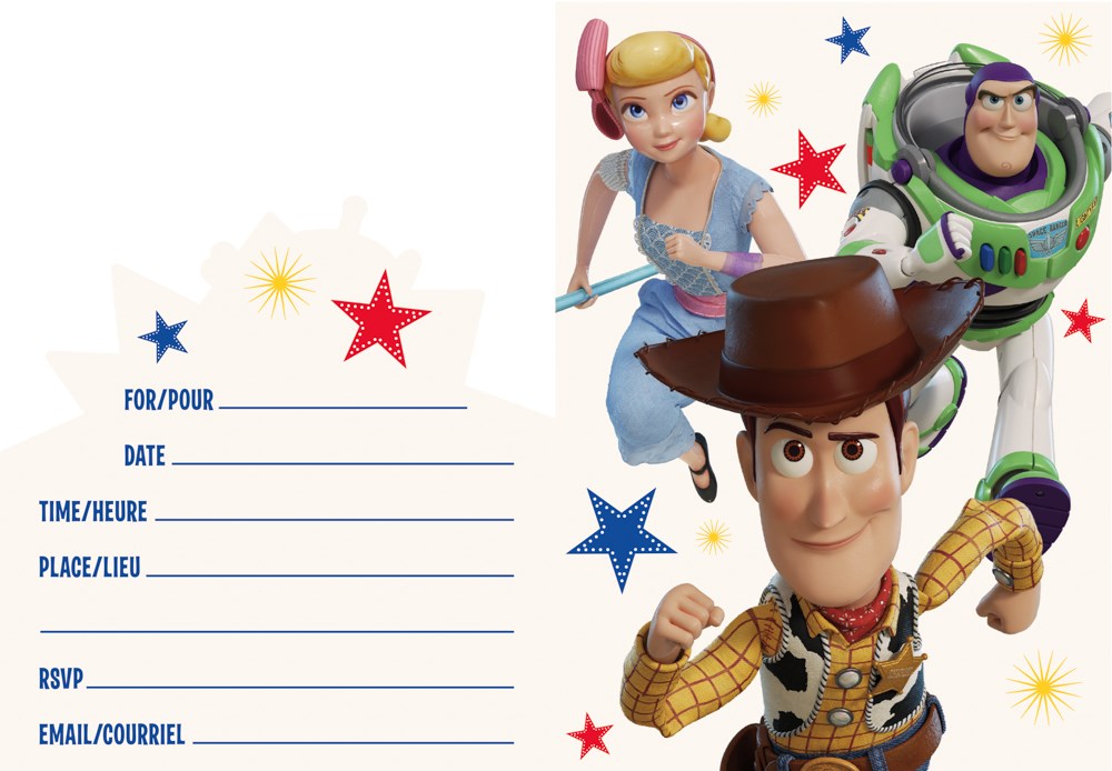 Set of 8 Toy Story 4 birthday invitations featuring Woody, Buzz Lightyear, Bo Peep, and colorful red and blue stars with.