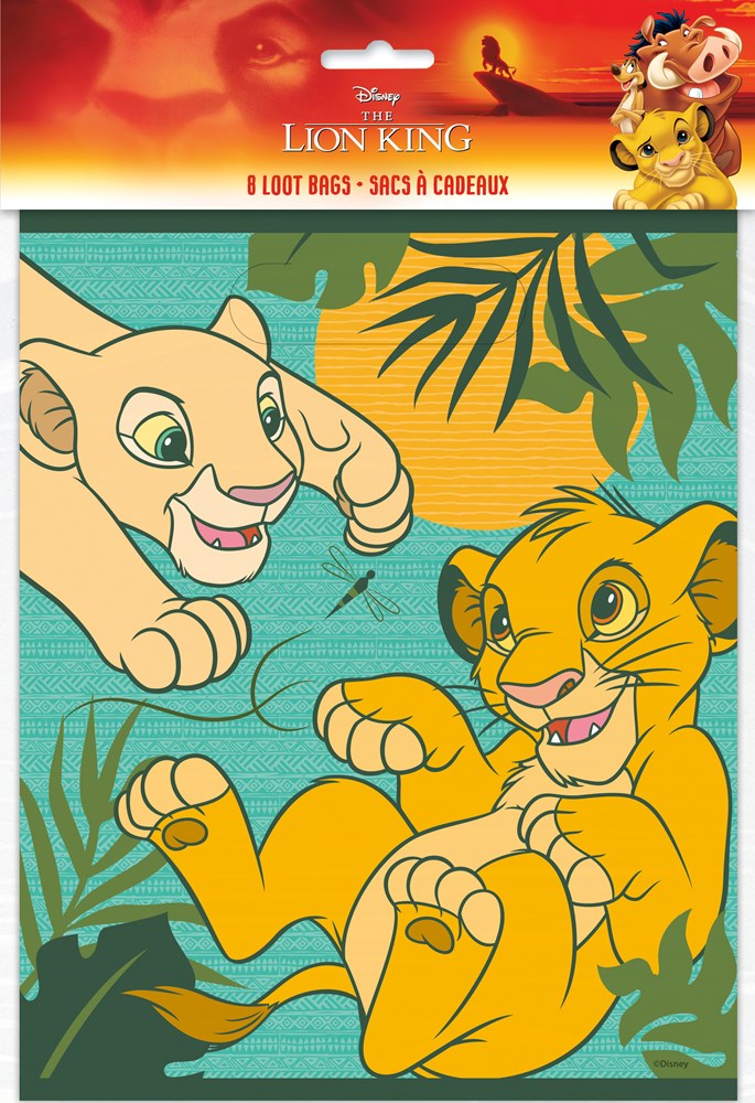 Set of eight rectangular Lion King-themed loot bags featuring Simba and Nala cubs in vibrant yellow, green, and orange.