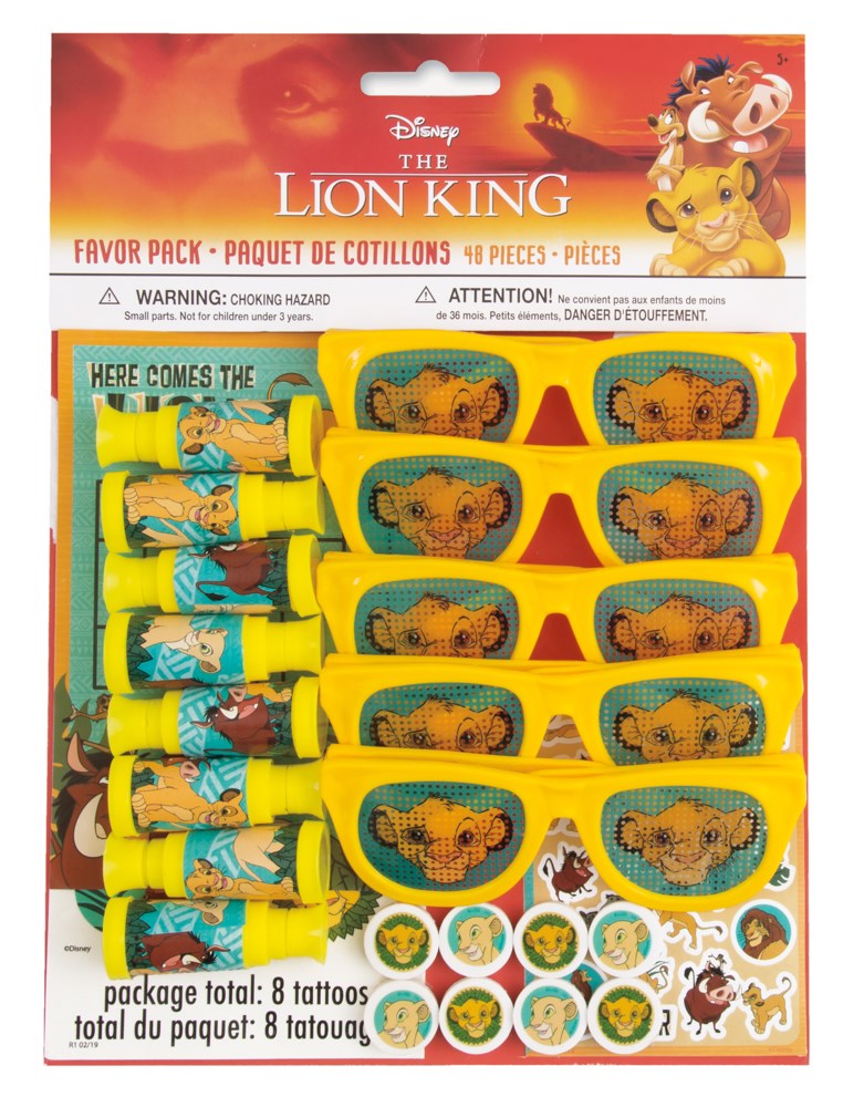 48-piece Lion King favor pack with yellow sunglasses, temporary tattoos, and colorful stickers in character designs.