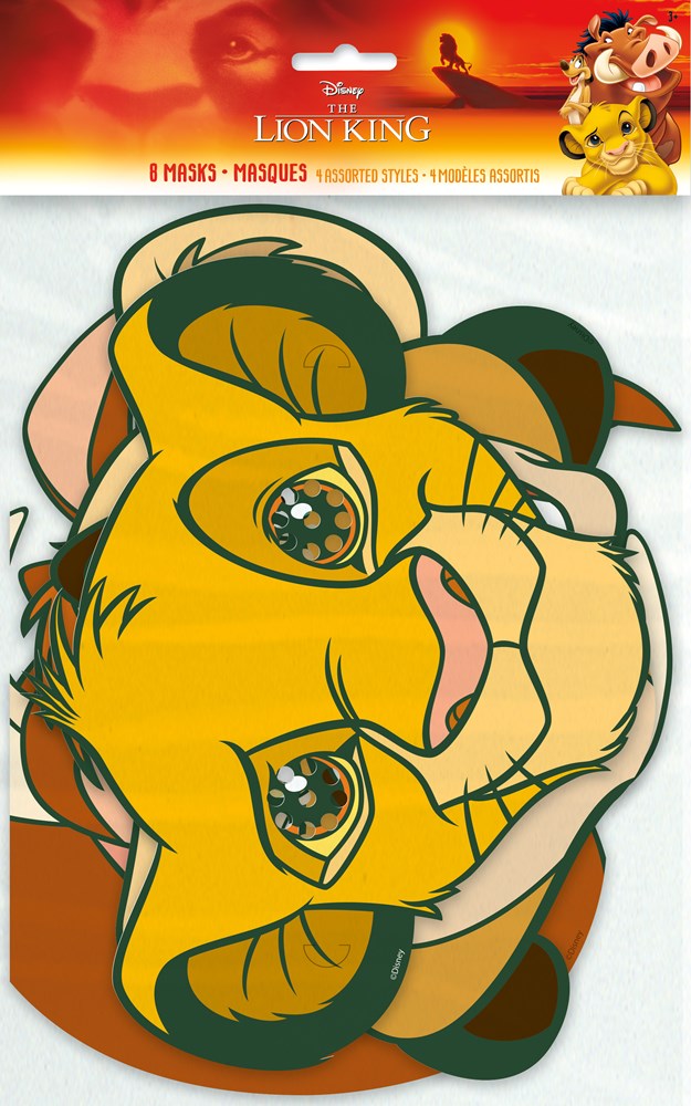 Set of 8 Simba masks from Lion King with vibrant yellow, brown, and black colors for kids' party use.