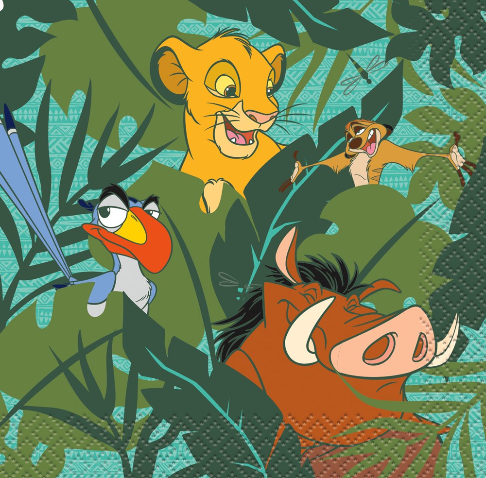 Square paper napkin with colorful Lion King characters Simba, Timon, Pumbaa, and Zazu against green jungle foliage.