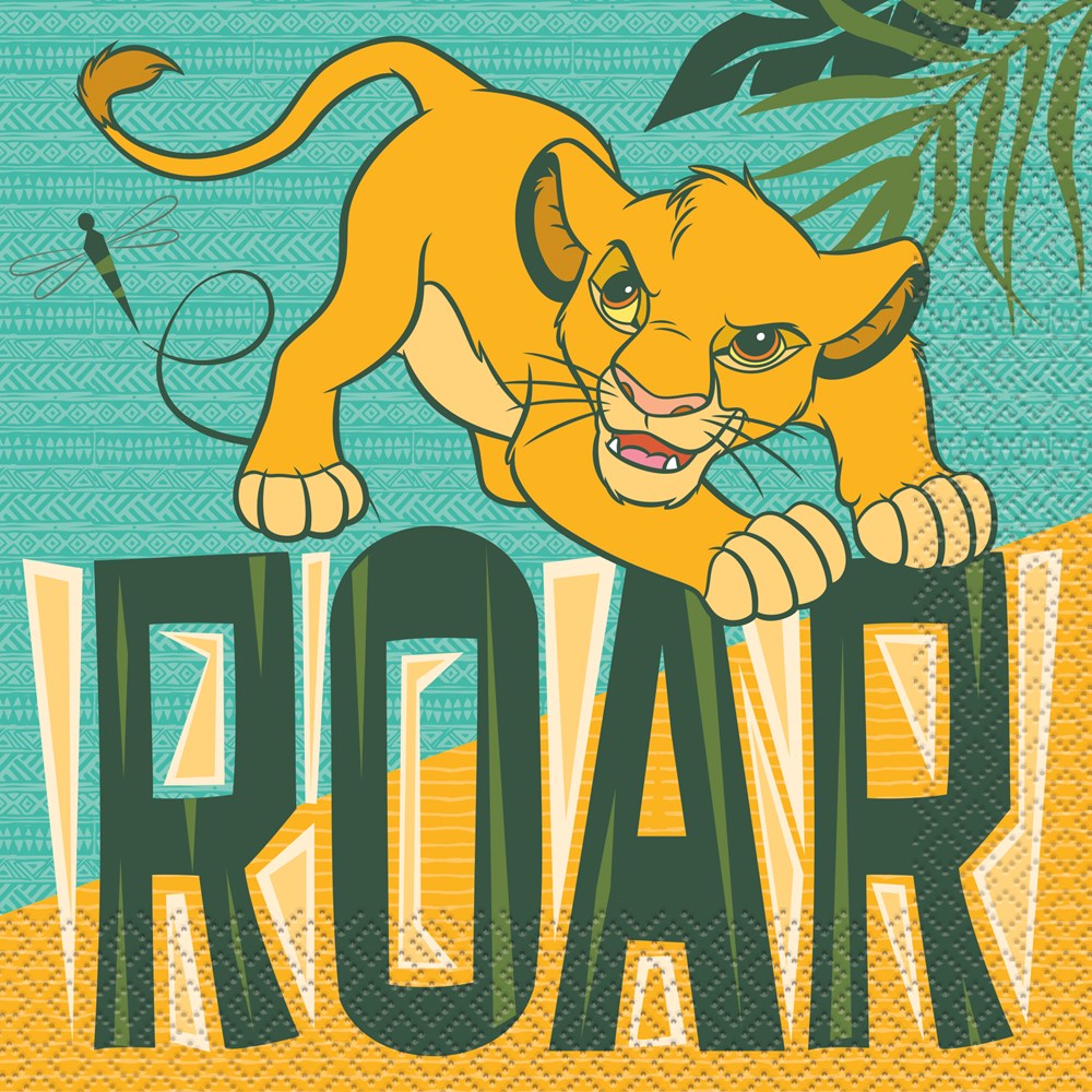 Square turquoise luncheon napkin with cartoon young lion cub climbing letters spelling "ROAR" in green and orange, tropical.