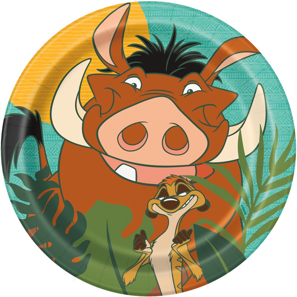 Round 7-inch paper plate with colorful Lion King characters Timon and Pumbaa against a jungle background.