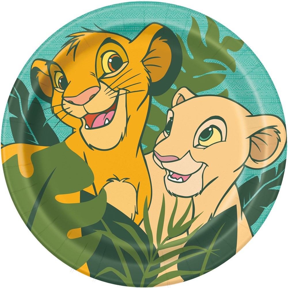 Round 9-inch paper plates featuring Simba and Nala from Disney Lion King with jungle leaves background in green and blue.