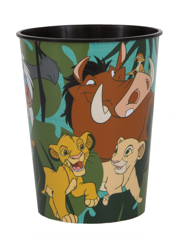 16oz plastic stadium cup featuring colorful Lion King characters Simba, Nala, and Pumbaa on a dark green background.