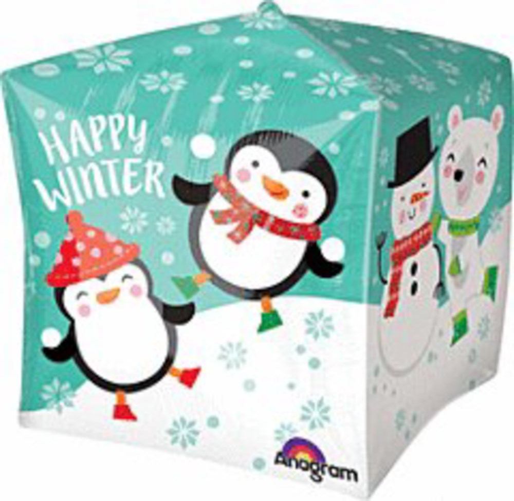 15-inch cube balloon with winter scene featuring a penguin in a red hat and scarf, and a polar bear with a snowman on a.