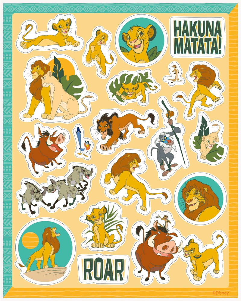 Colorful Lion King sticker sheet with characters like Simba, Timon, Pumbaa, and hakuna matata text.