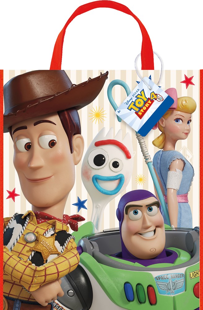 Disney Toy Story 4 tote bag with red handles, featuring Woody, Buzz Lightyear, Forky, and Bo Peep on a white background with