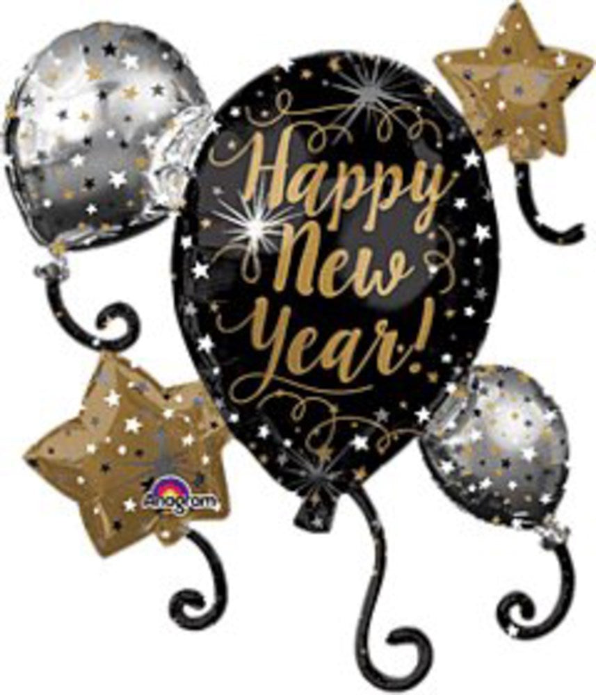 Cluster of five foil balloons featuring black and gold colors, including one large black balloon with "Happy New Year!" in.