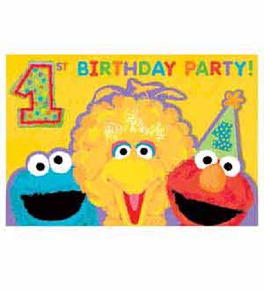 Bright yellow first birthday invitation featuring Sesame Street characters Cookie Monster, Big Bird, and Elmo wearing a.