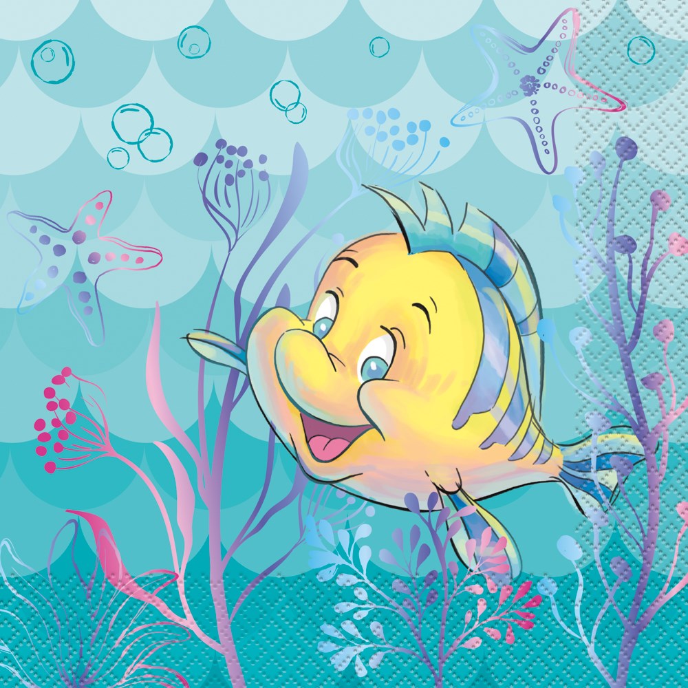 Blue lunch napkin featuring smiling Flounder fish from Disney's Ariel with underwater plants and bubbles background.