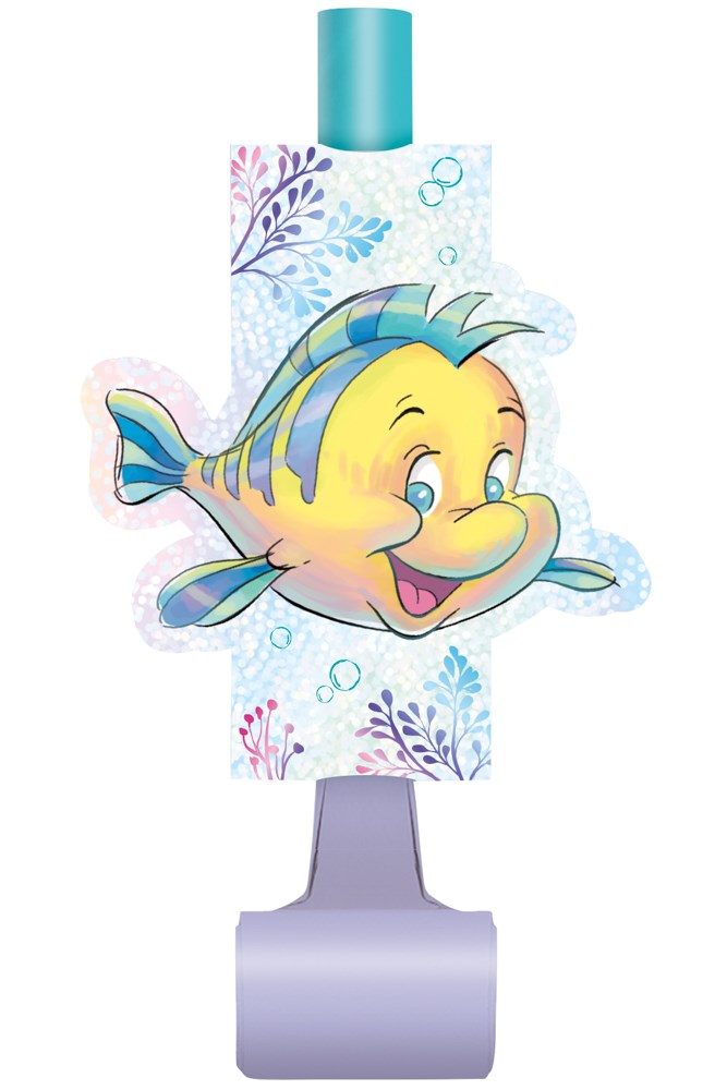 Colorful blowout party favor featuring Flounder from Disney’s Ariel on a blue and purple floral background with a pastel.