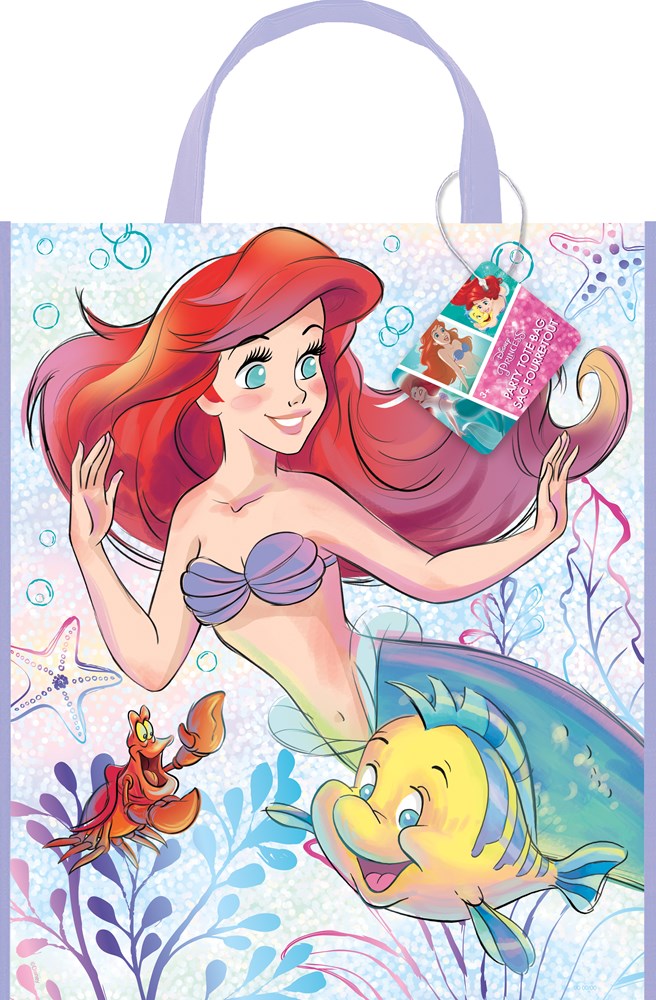 Colorful rectangular tote bag with Ariel, Sebastian, and Flounder from Disney’s The Little Mermaid, featuring purple handles