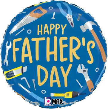 Round blue foil balloon with yellow "Happy Father's Day" text and various illustrated hand tools around edges.