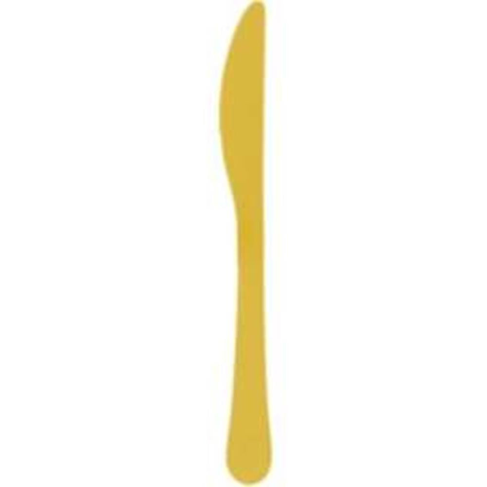 Sunshine yellow plastic knife with a smooth handle and rounded tip, child-friendly design.