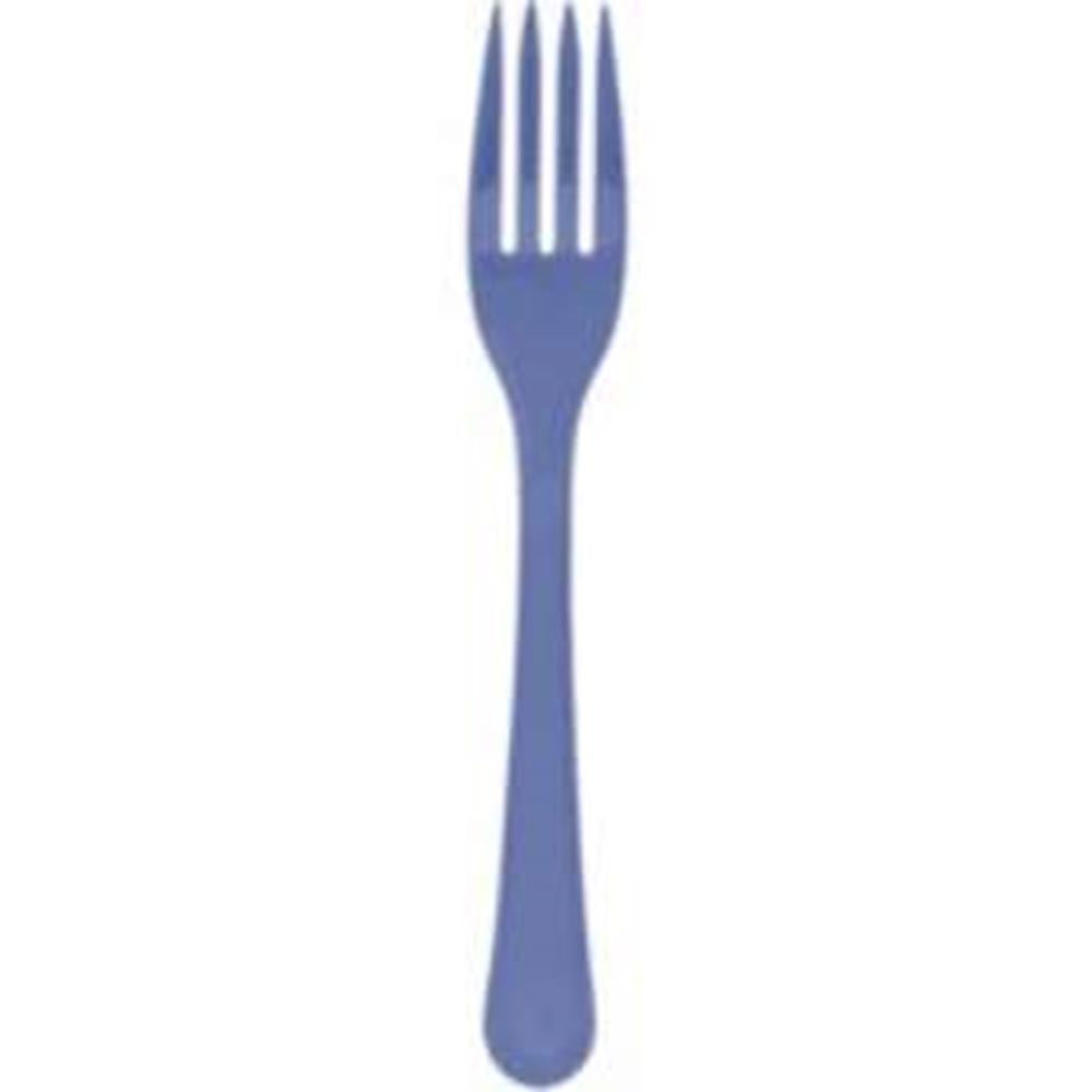 Set of 20 purple plastic forks with four tines and smooth handles.