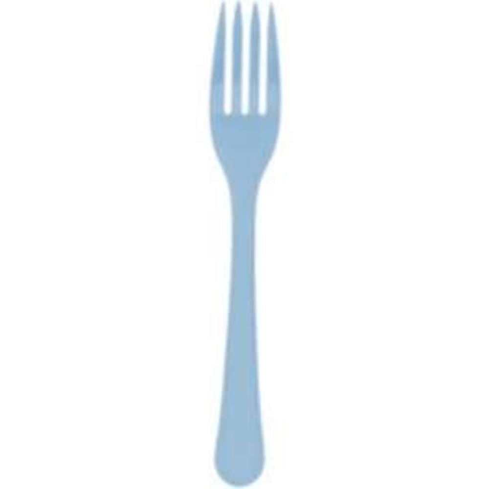 Pastel blue plastic fork with four tines and rounded handle, lightweight design.