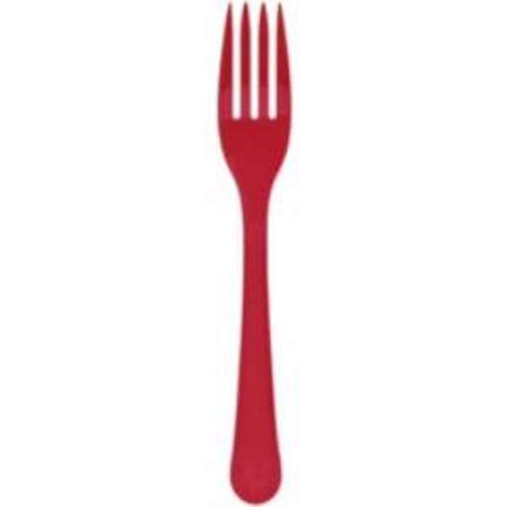 Bright red plastic fork with four tines and a rounded handle.