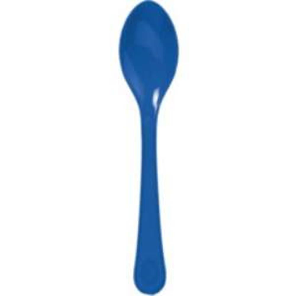 Bright royal blue plastic spoon with smooth handle and rounded bowl.