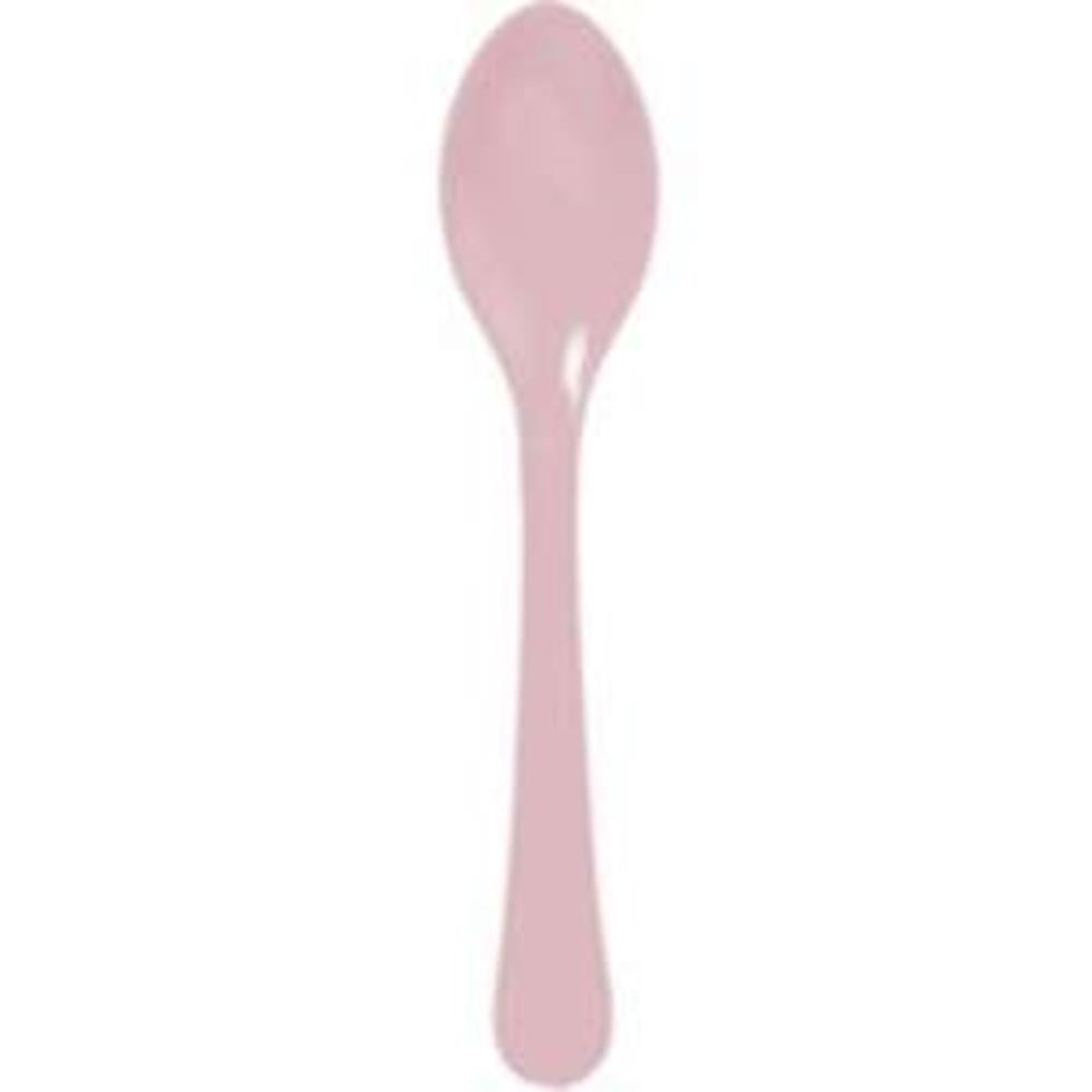 Set of 20 light pink plastic spoons with smooth rounded handles and shallow oval bowls.