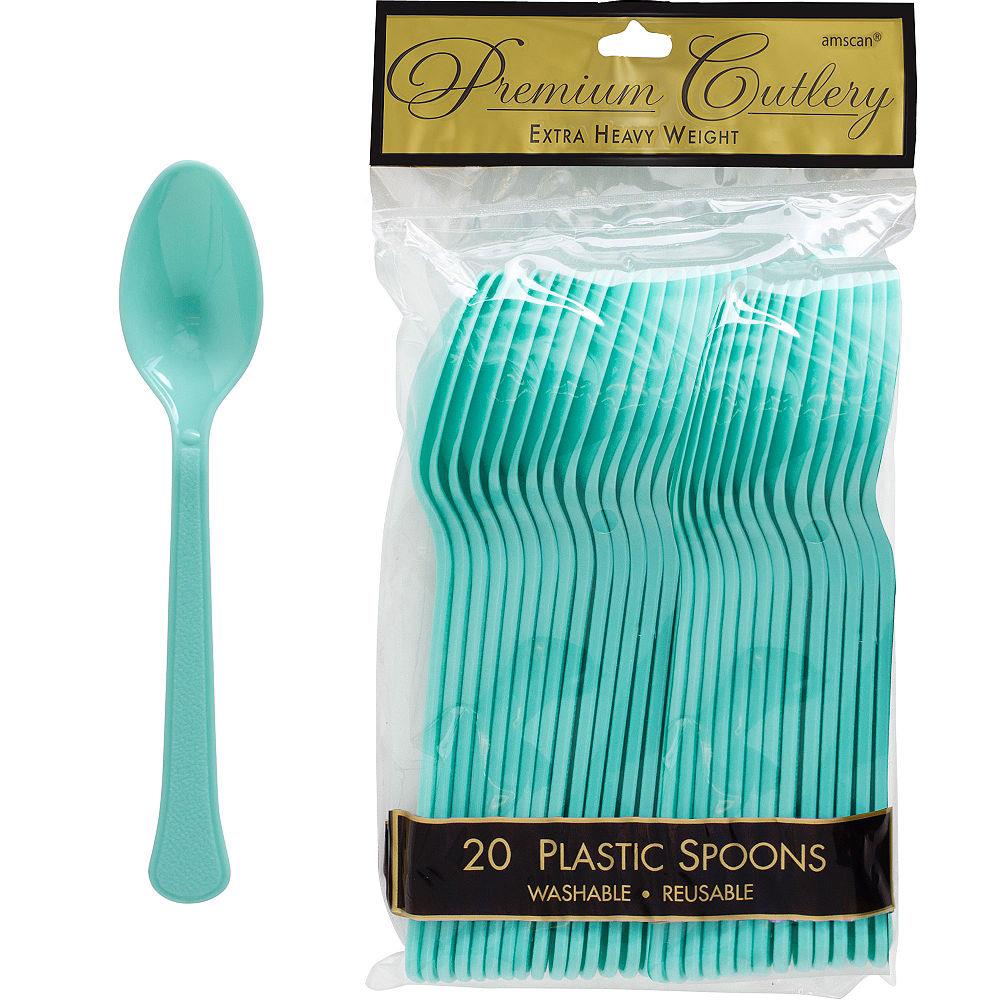 Set of 20 robins egg blue plastic spoons in clear resealable bag with black and gold label.