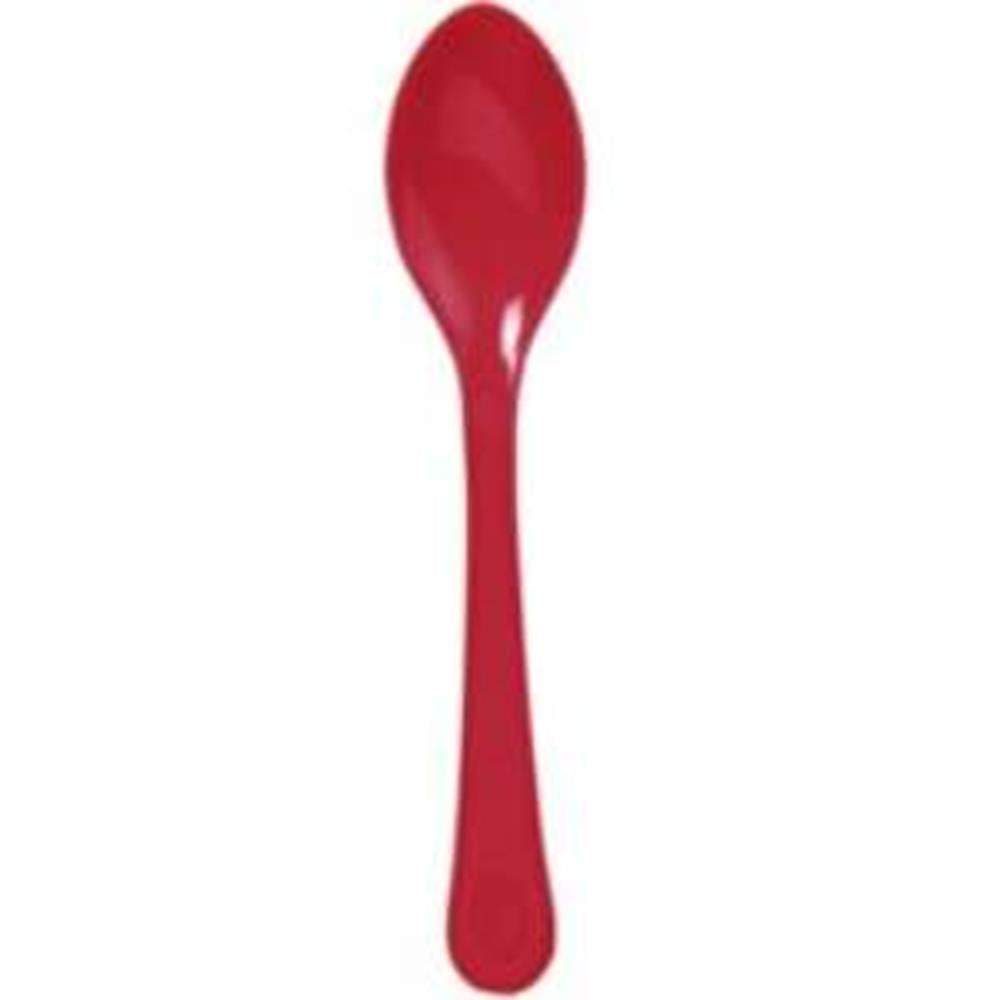 Shiny apple red plastic spoon with smooth finish and rounded handle.