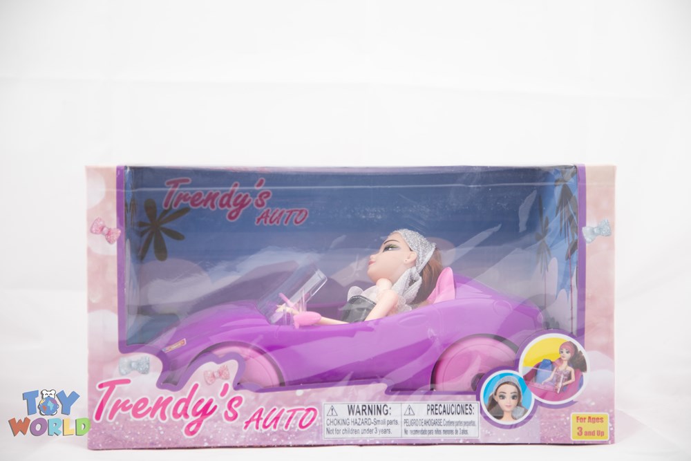 Purple convertible toy car with a white steering wheel and a seated doll, packaged in a clear display box.