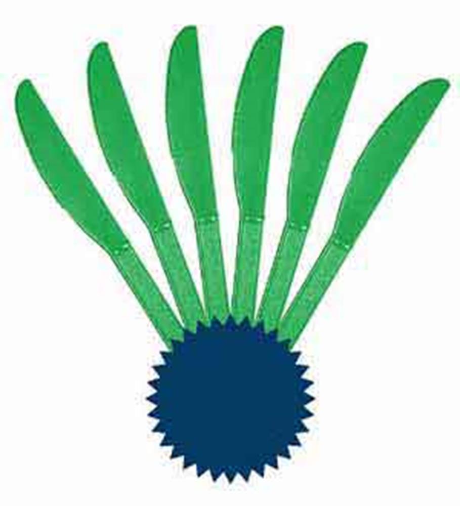 Set of six festive green plastic knives with serrated edges, arranged in a fan shape.