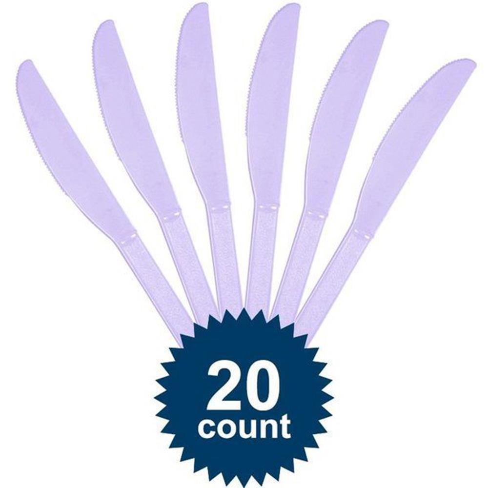 Set of six pastel purple plastic table knives with smooth, rounded blades and slightly curved handles.