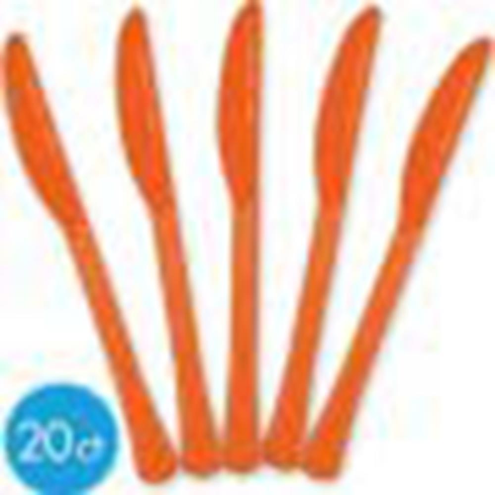 Set of five bright orange plastic knives with serrated edges and slim handles arranged in a fan shape.