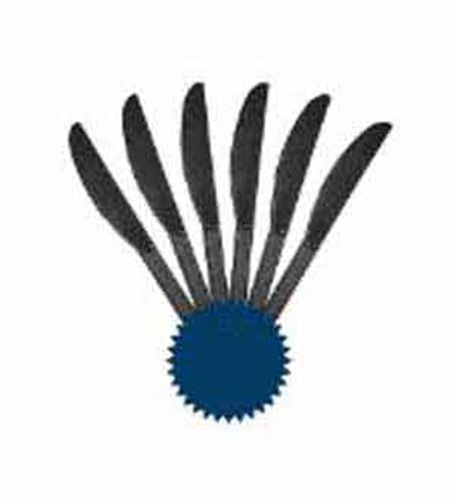 Set of six black serrated table knives fanned out above a round navy blue base.