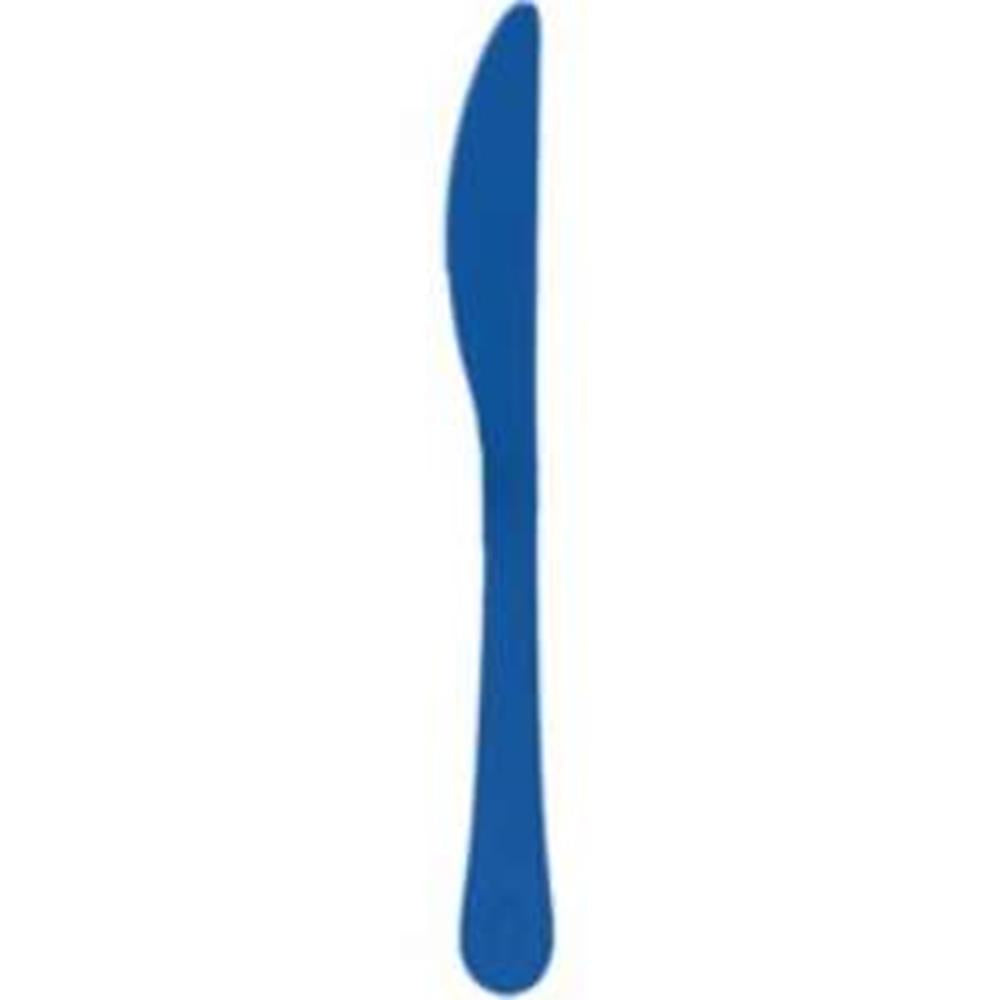 Set of 20 royal blue plastic knives with rounded tips and smooth handles.