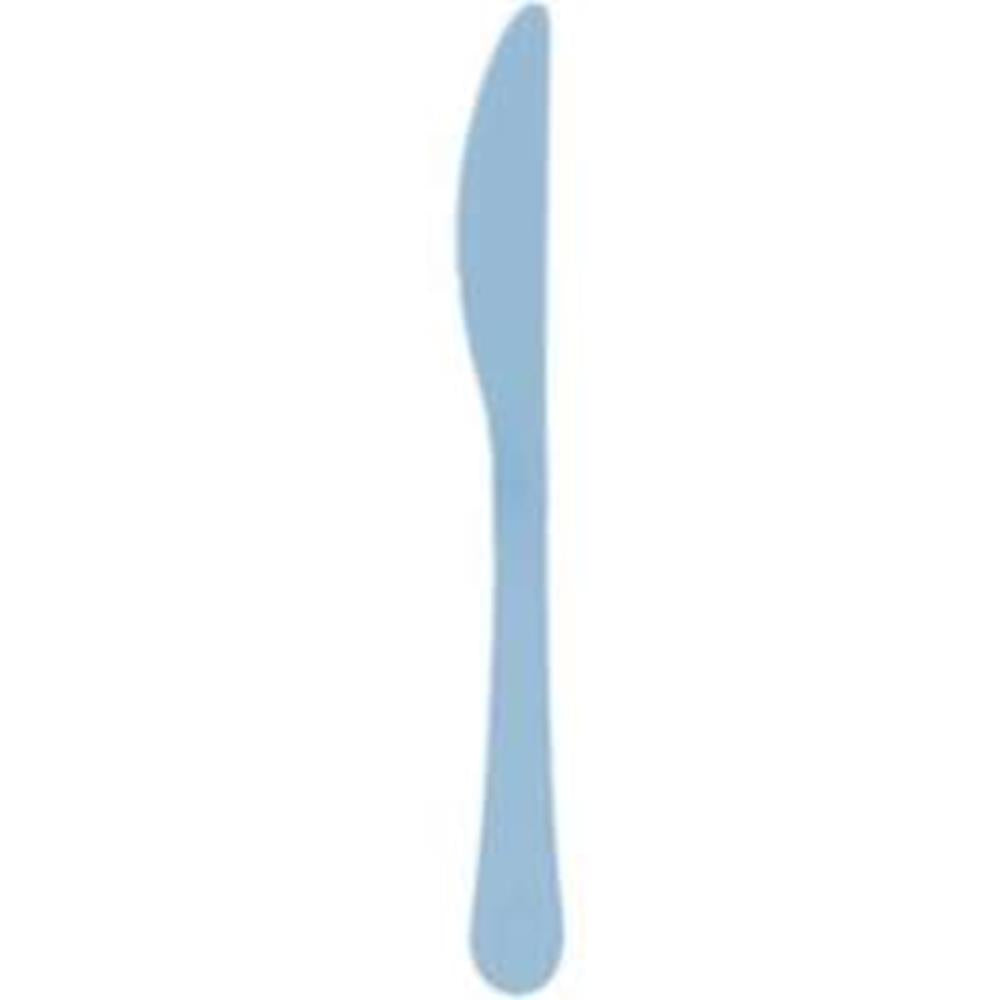 Set of 20 pastel blue plastic knives with smooth rounded handles and serrated blades.