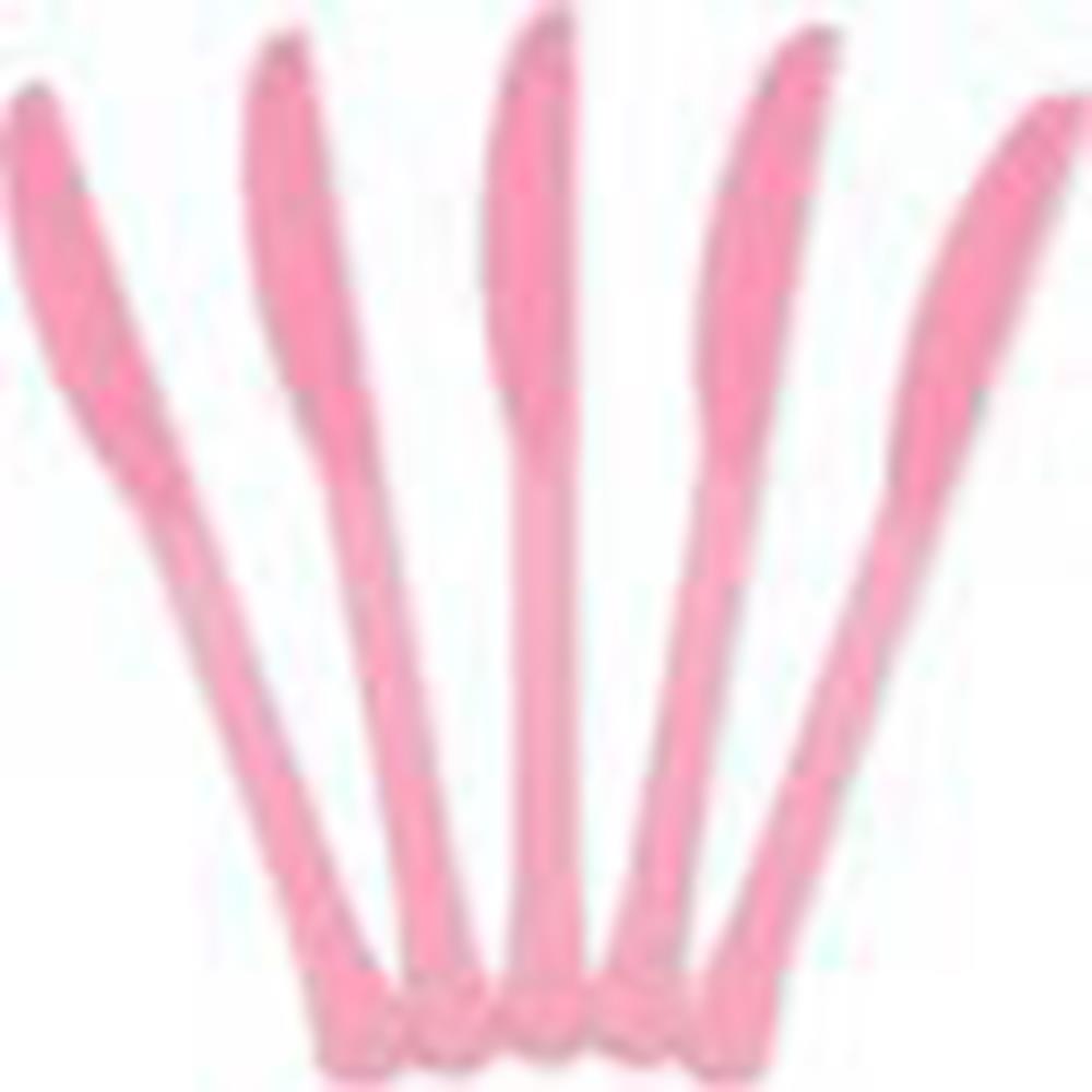 Set of five slender pink plastic knives with slightly serrated edges for party tableware.